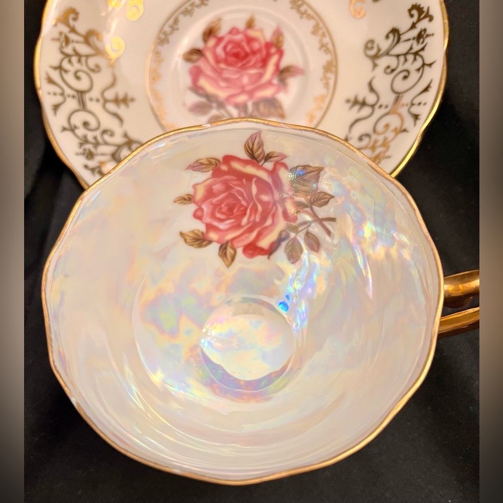 Chase Japan Vintage 1950s Iridescent Rose Gold Gilded Teacup & Saucer MCM Gift